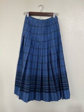 Pendleton Blue Plaid Midi Pleated Wool Skirt